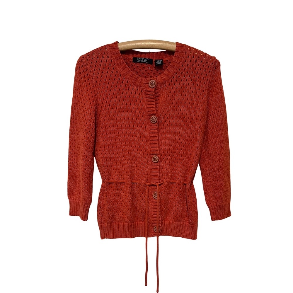 Crystal Kobe Cardigan Women Med Orange Pointelle Knit Tie Waist Button Front A44